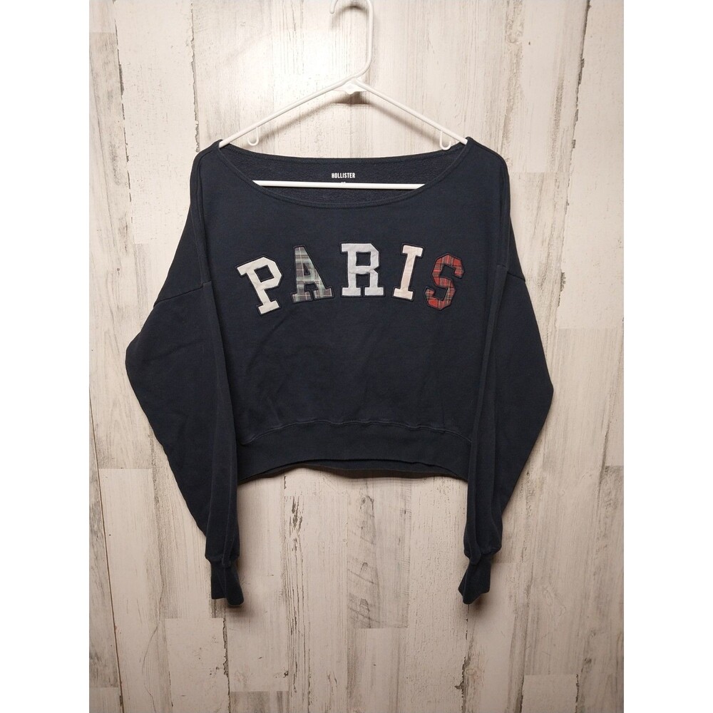 Hollister Paris Plaid Applique Cropped Sweatshirt Off Shoulder XS Streetwear